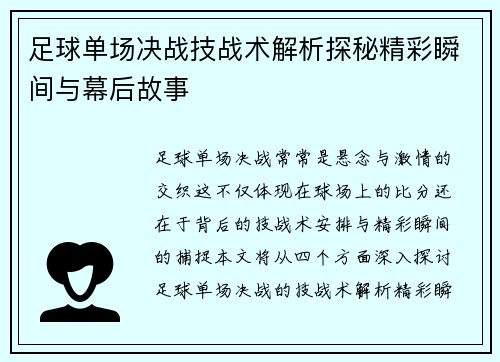 足球单场决战技战术解析探秘精彩瞬间与幕后故事