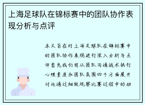 上海足球队在锦标赛中的团队协作表现分析与点评
